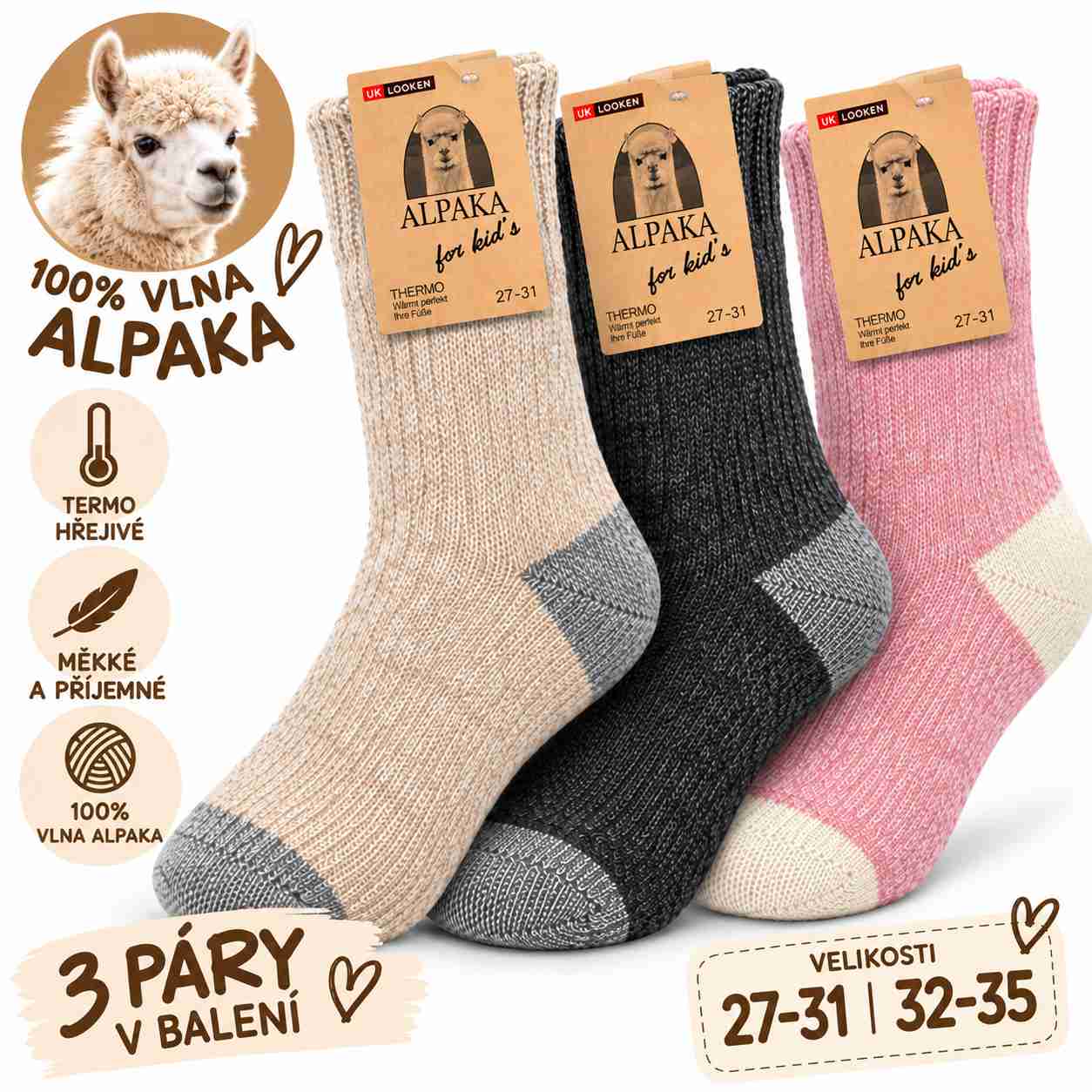 Dětské vlněné ponožky ALPAKA – 3 páry, holčičí barvy