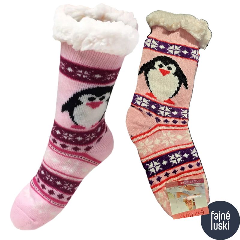 Domácí teplé ponožky s kožíškem protiskluzové Tučňák 35-38 fialová