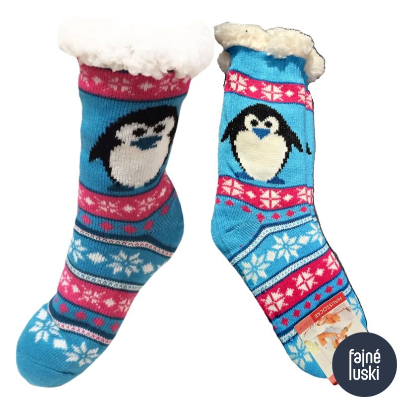 Domácí teplé ponožky s kožíškem protiskluzové Tučňák 35-38 fialová